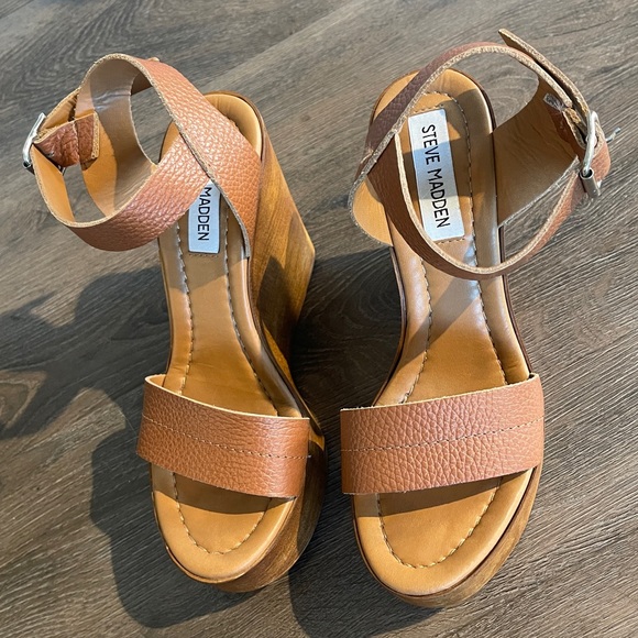 Steve Madden 6.5 / 37 Belma Tan Leather Wood Wedge platform sandal cognac brown - Picture 14 of 15